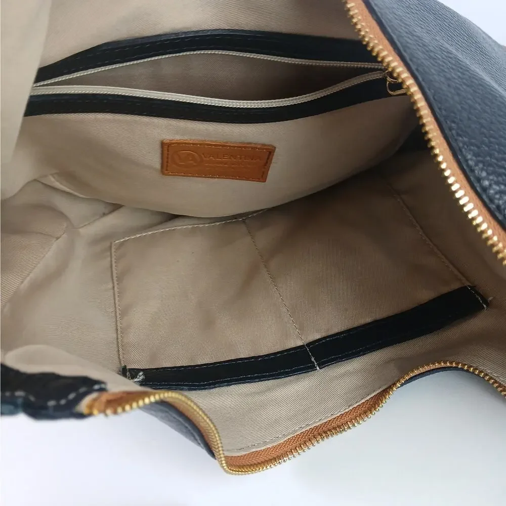 Valentina Hobo Bag Genuine Pebbled Leather Black Brown Trim Original Tags
